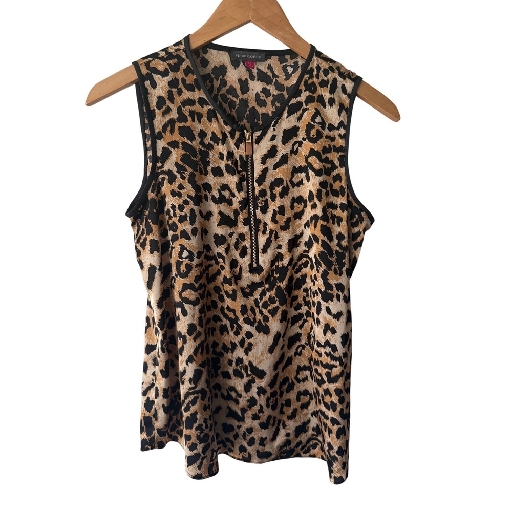 Vince Camuto Leopard‎ Print Sleeveless Blouse Half Zip Trim Tan Black PS